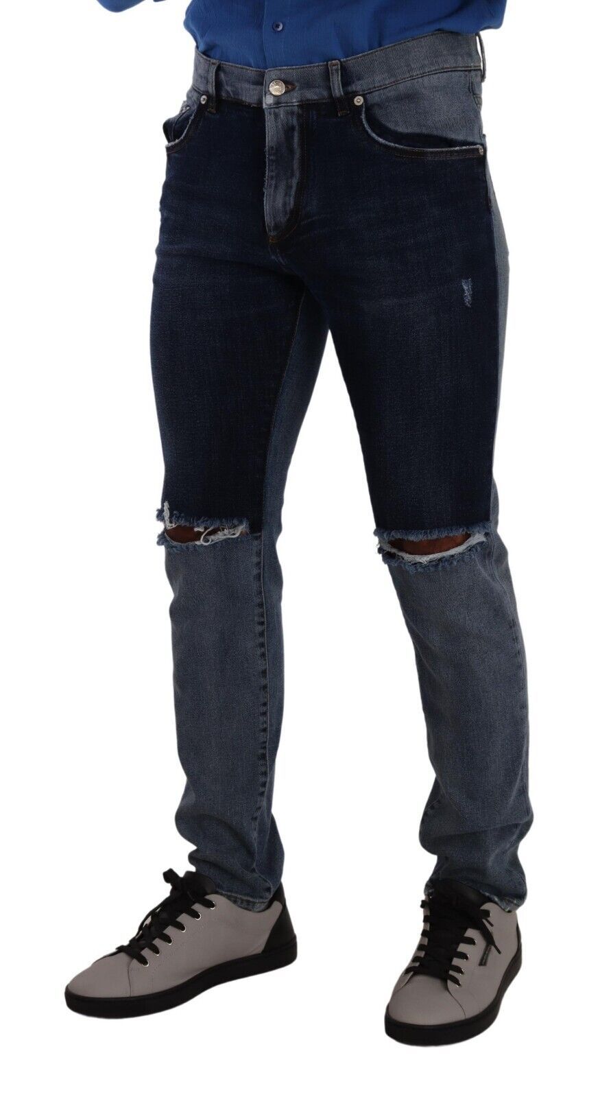 Dolce &amp; Gabbana Jean slim en denim bleu bicolore en lambeaux de coton