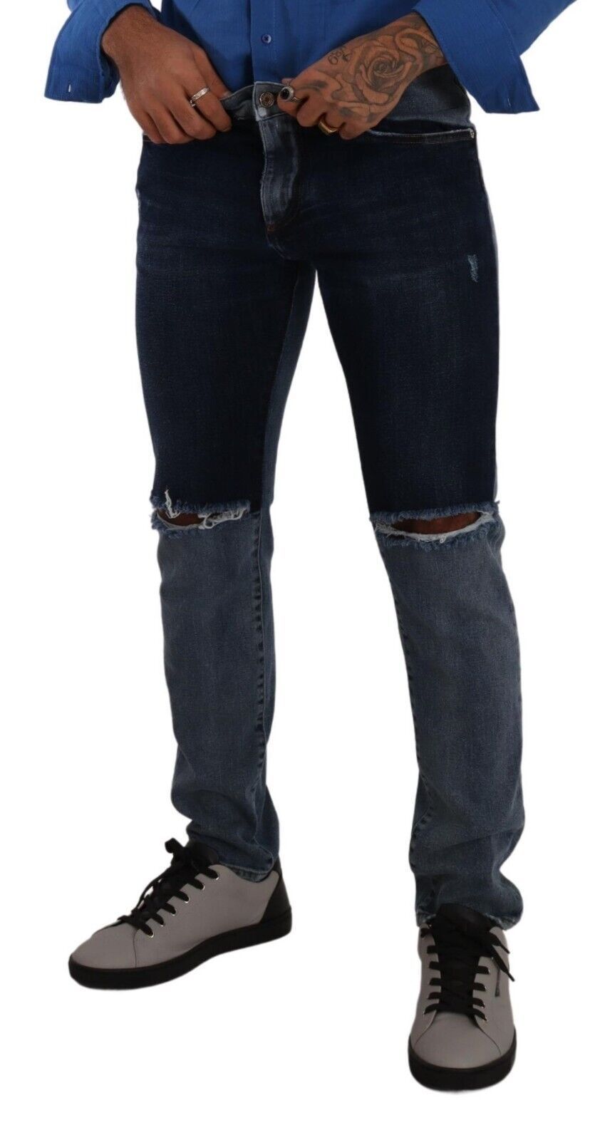 Dolce &amp; Gabbana Jean slim en denim bleu bicolore en lambeaux de coton