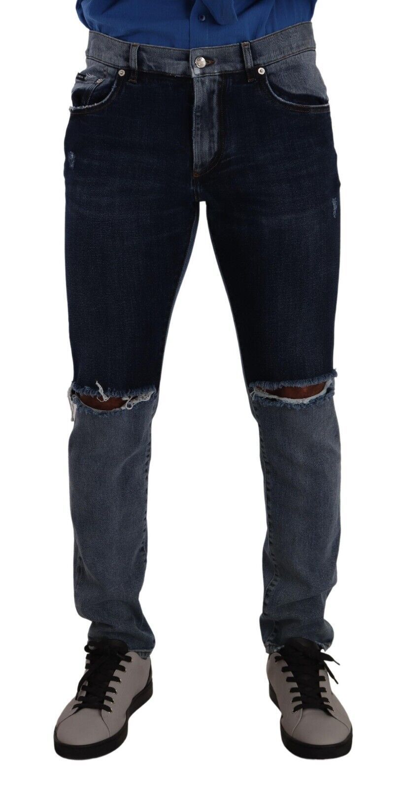 Dolce &amp; Gabbana Jean slim en denim bleu bicolore en lambeaux de coton