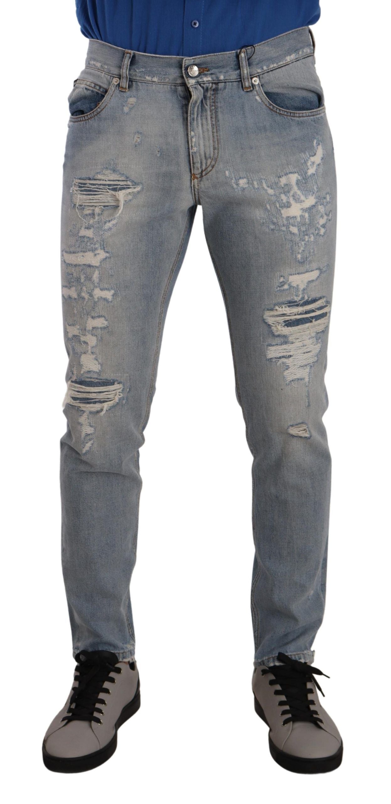 Dolce &amp; Gabbana Jean en denim régulier en coton en lambeaux bleu clair