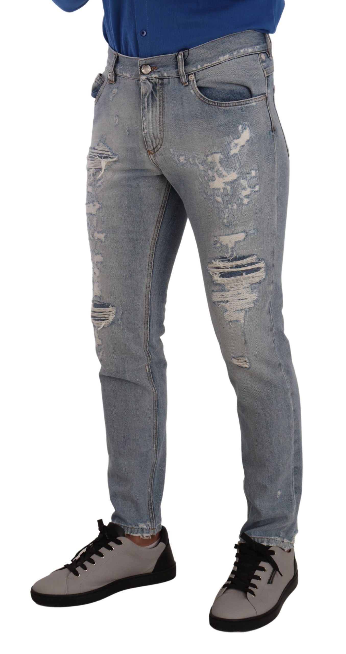 Dolce &amp; Gabbana Jean en denim régulier en coton en lambeaux bleu clair