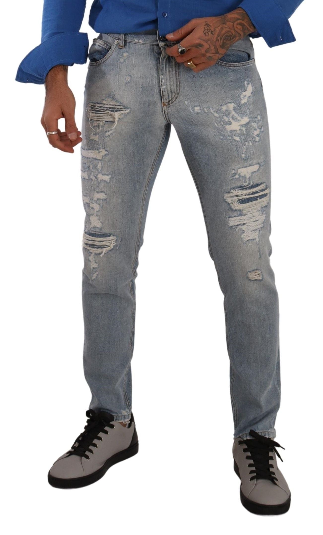 Dolce &amp; Gabbana Jean en denim régulier en coton en lambeaux bleu clair