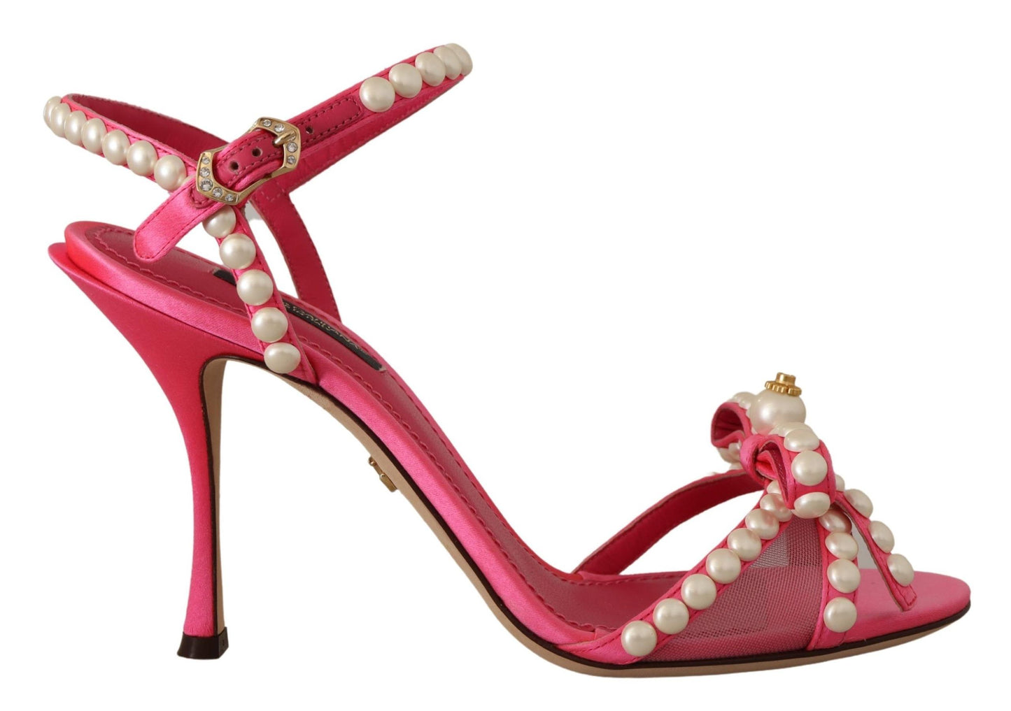 Dolce &amp; Gabbana Chaussures à talons en satin rose avec cristaux de perles blanches