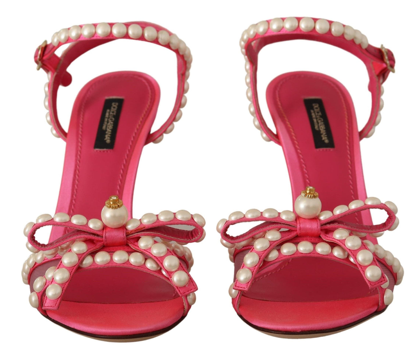 Dolce &amp; Gabbana Chaussures à talons en satin rose avec cristaux de perles blanches