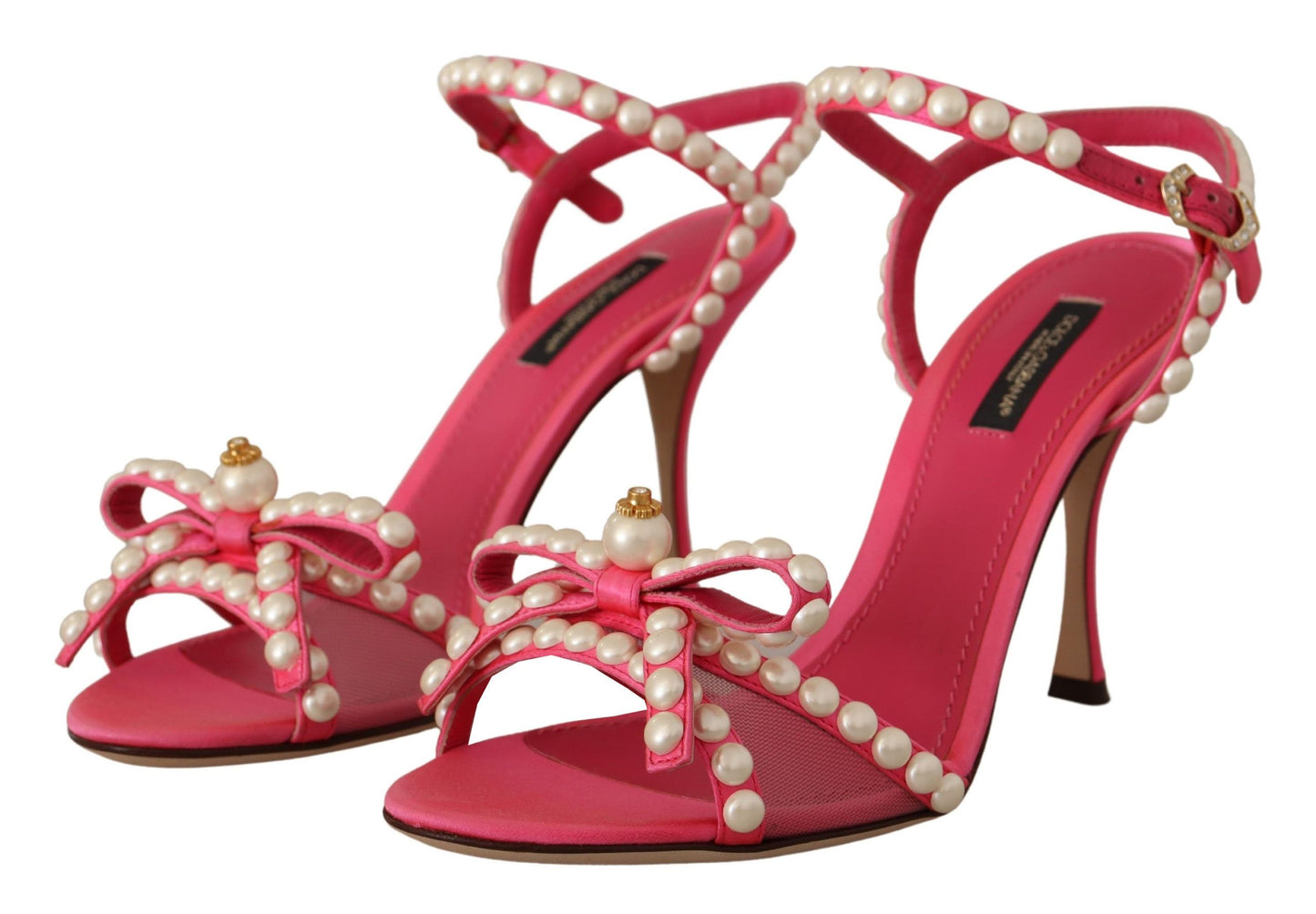 Dolce &amp; Gabbana Chaussures à talons en satin rose avec cristaux de perles blanches