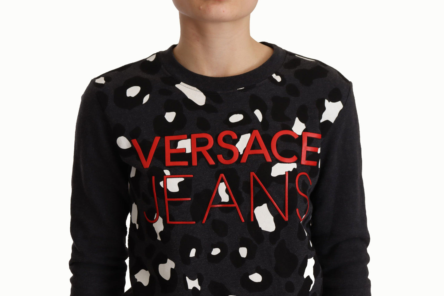 Versace Jeans Pull à manches longues en coton noir léopard