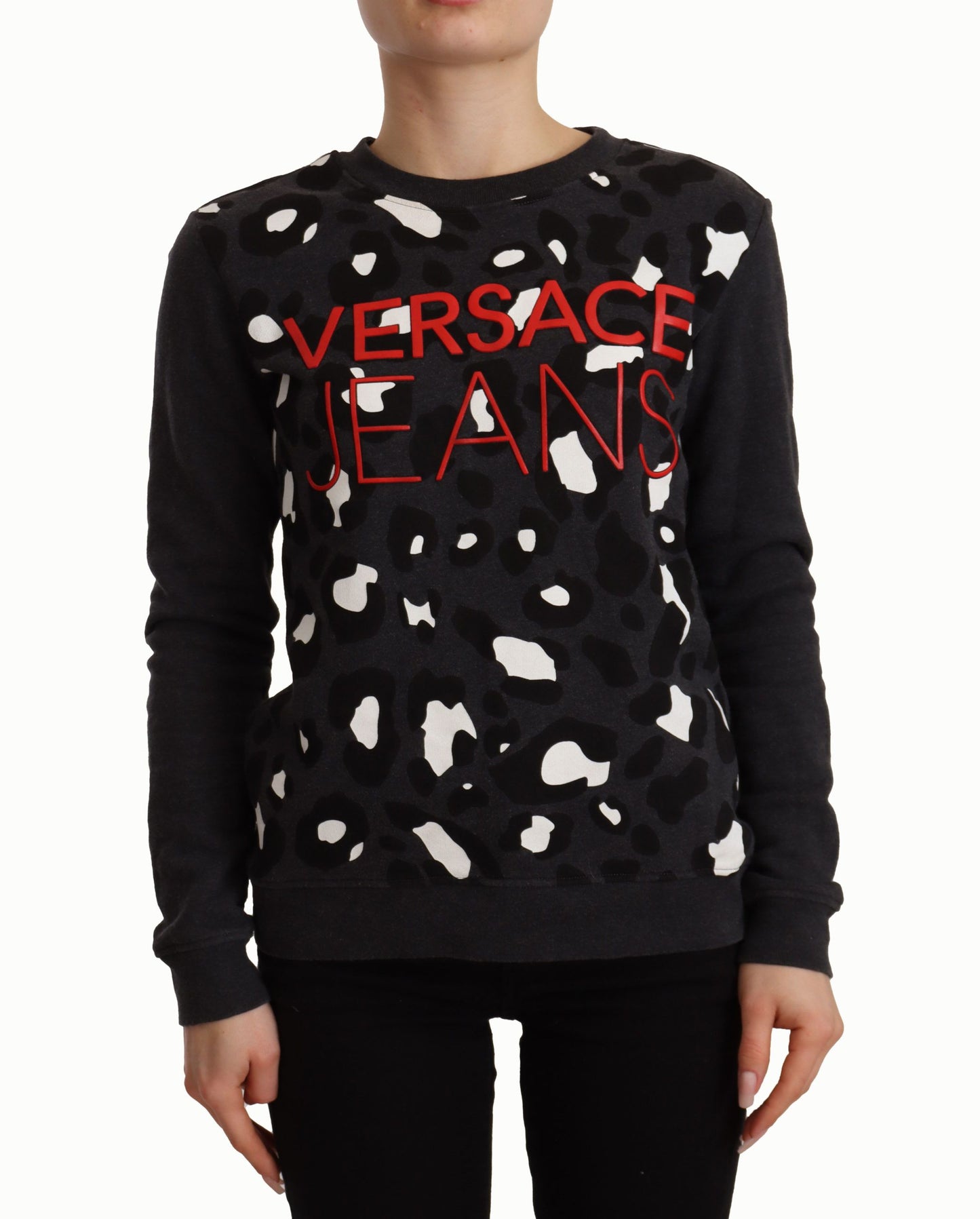 Versace Jeans Pull à manches longues en coton noir léopard