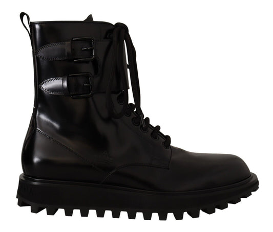 Dolce &amp; Gabbana Chaussures de bottes de combat en cuir noir à lacets pour hommes