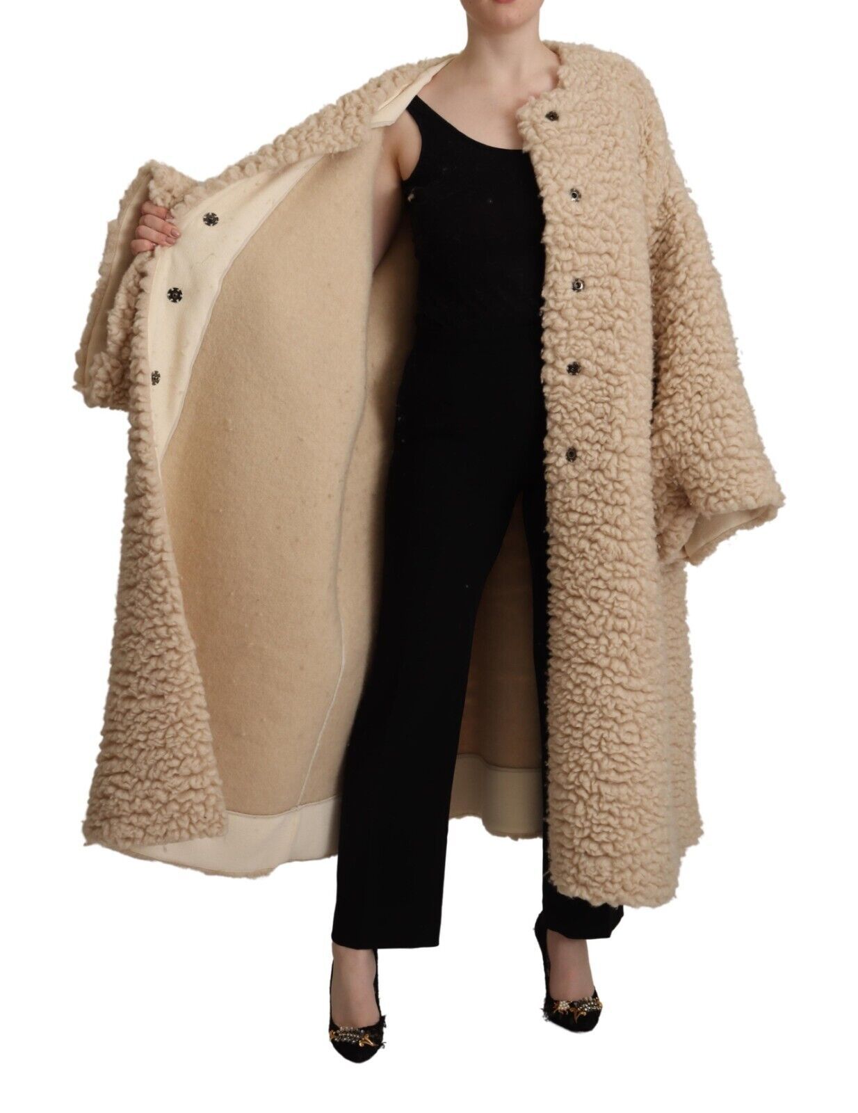 Dolce &amp; Gabbana Veste manteau en fausse fourrure de laine et cachemire beige