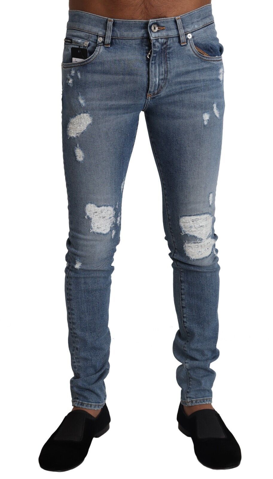 Dolce &amp; Gabbana Jean skinny en denim de coton en lambeaux bleu clair