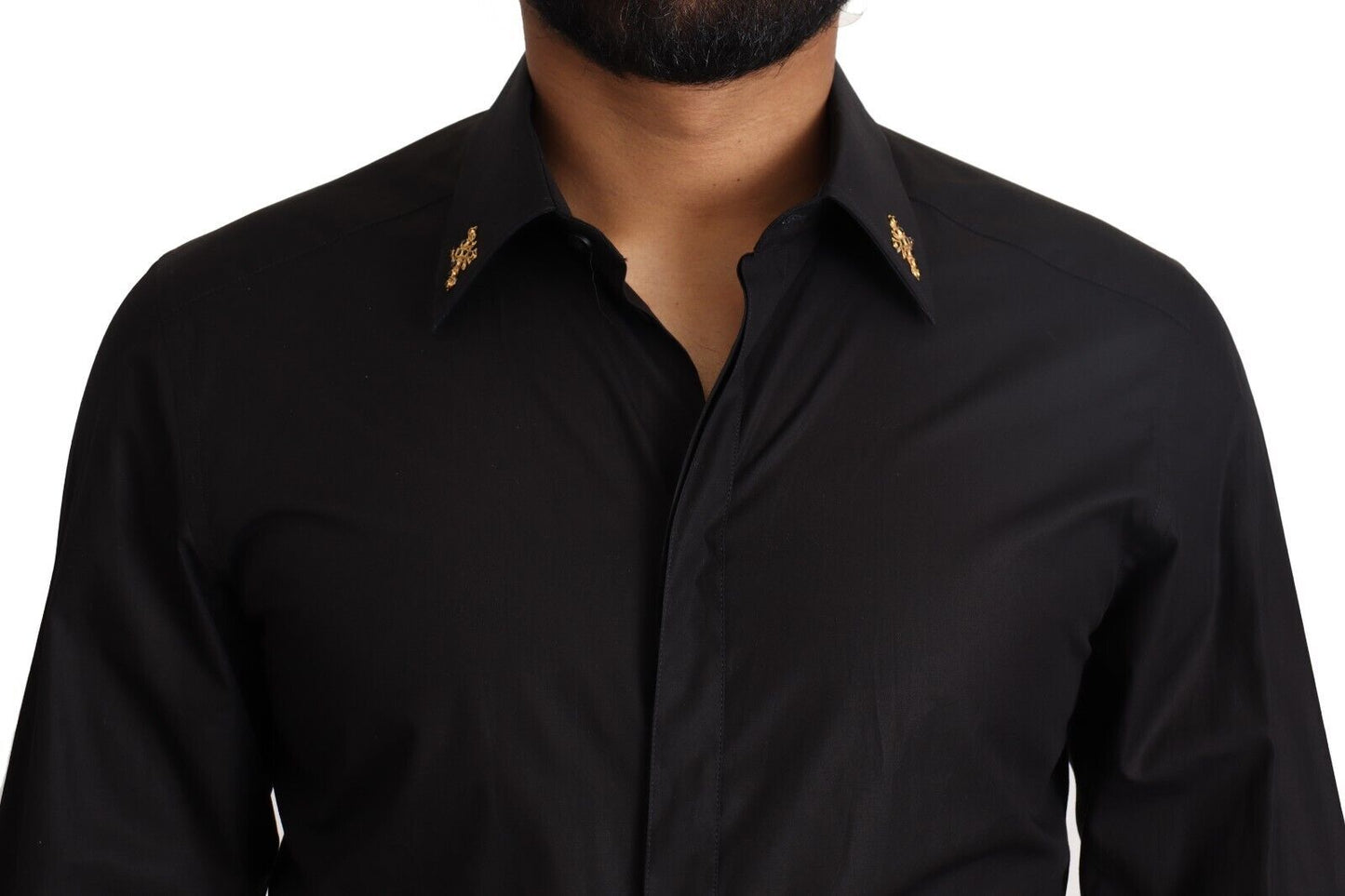 Dolce &amp; Gabbana Chemise slim en coton noir avec croix en cristal GOLD