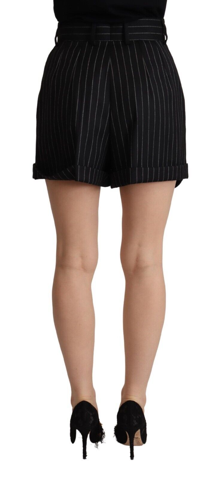 Dolce &amp; Gabbana schwarze gestreifte Woll-Bermudashorts mit hoher Taille