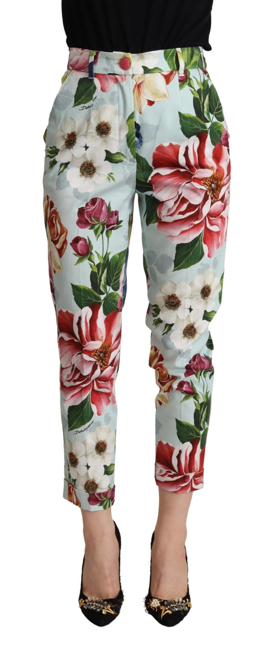 Dolce &amp; Gabbana Hellblaue Baumwollhose mit Fiori-Print, schmal zulaufende Hose