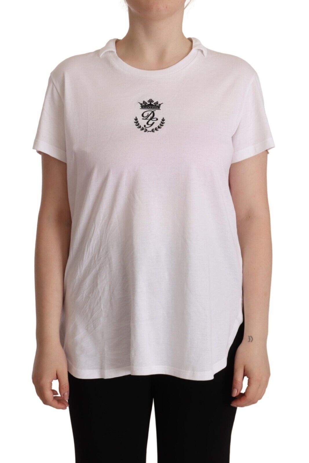 Dolce &amp; Gabbana T-shirt blanc à col en coton imprimé couronne DG