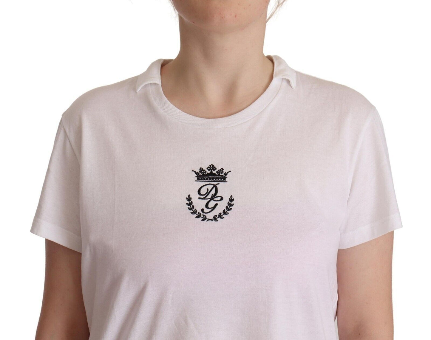 Dolce &amp; Gabbana T-shirt blanc à col en coton imprimé couronne DG