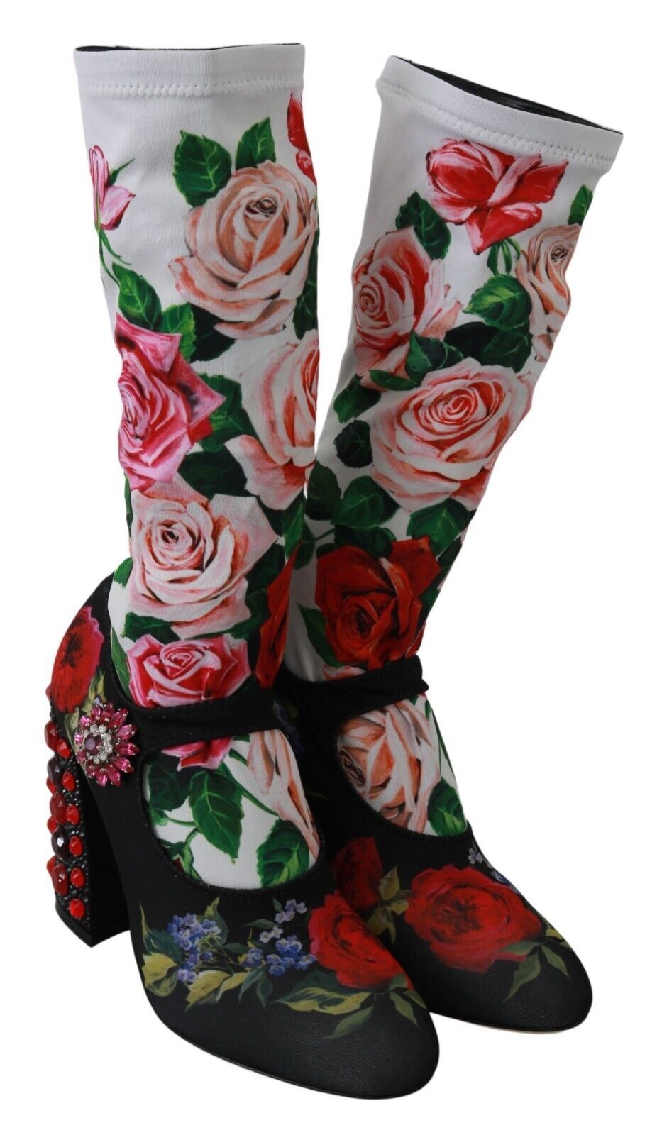 Dolce &amp; Gabbana Chaussettes à fleurs noires Bottes en jersey de cristal Chaussures