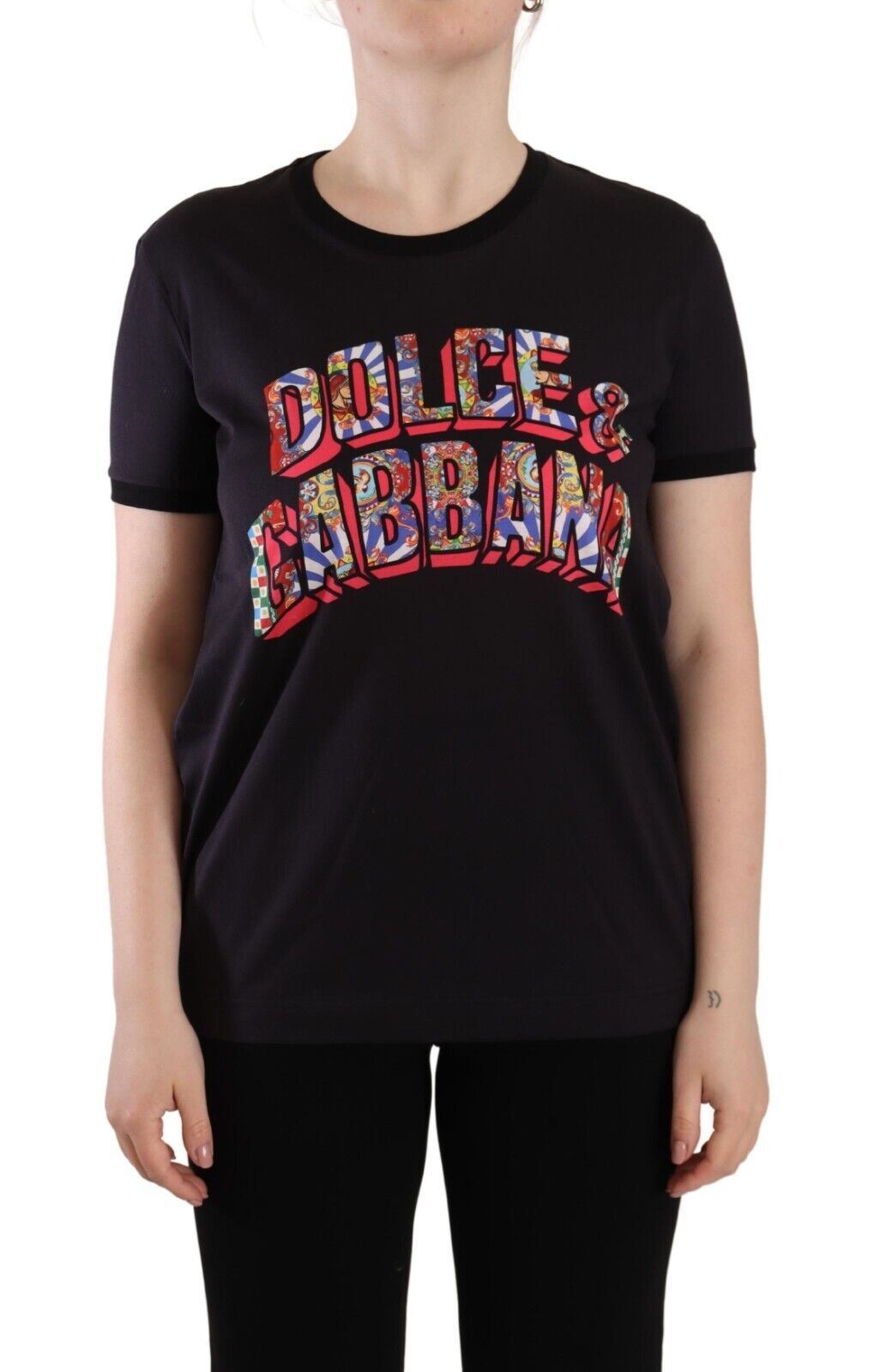 Dolce &amp; Gabbana – Schwarzes T-Shirt aus Baumwolle mit Rundhalsausschnitt und Logo-Print