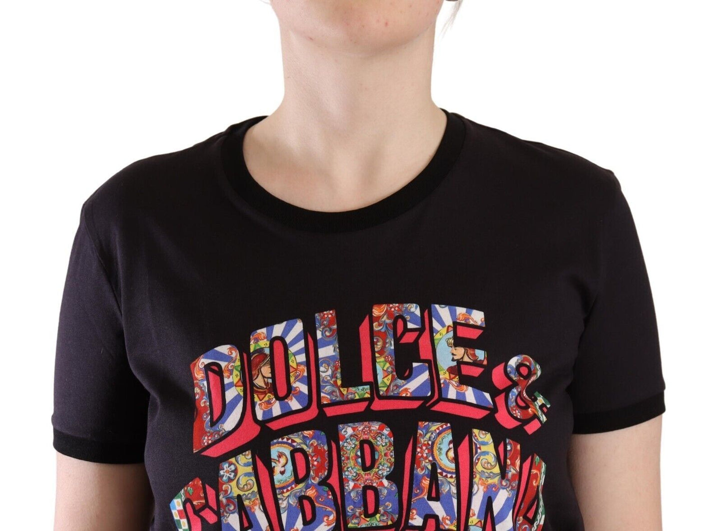 Dolce &amp; Gabbana – Schwarzes T-Shirt aus Baumwolle mit Rundhalsausschnitt und Logo-Print