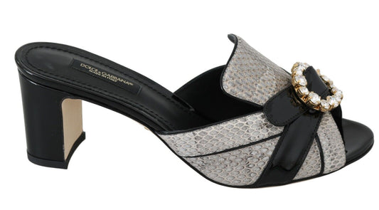 Dolce &amp; Gabbana Noir Gris Cuir Exotique Cristaux Sandales Chaussures