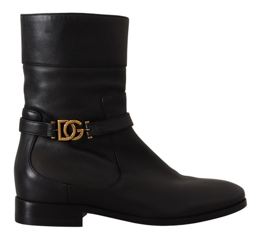 Dolce &amp; Gabbana Chaussures plates en cuir noir avec bottes courtes et logo