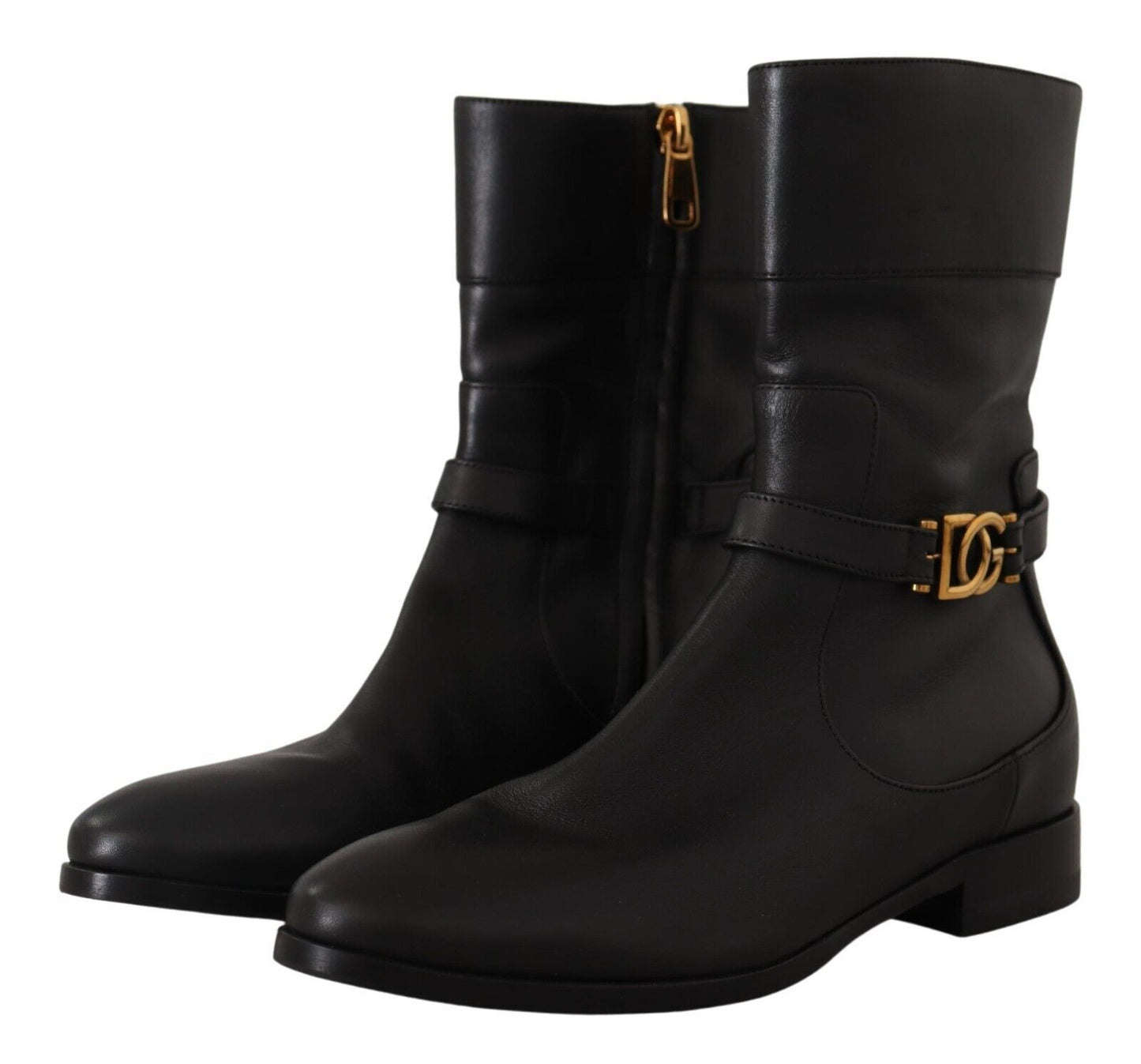 Dolce &amp; Gabbana Chaussures plates en cuir noir avec bottes courtes et logo