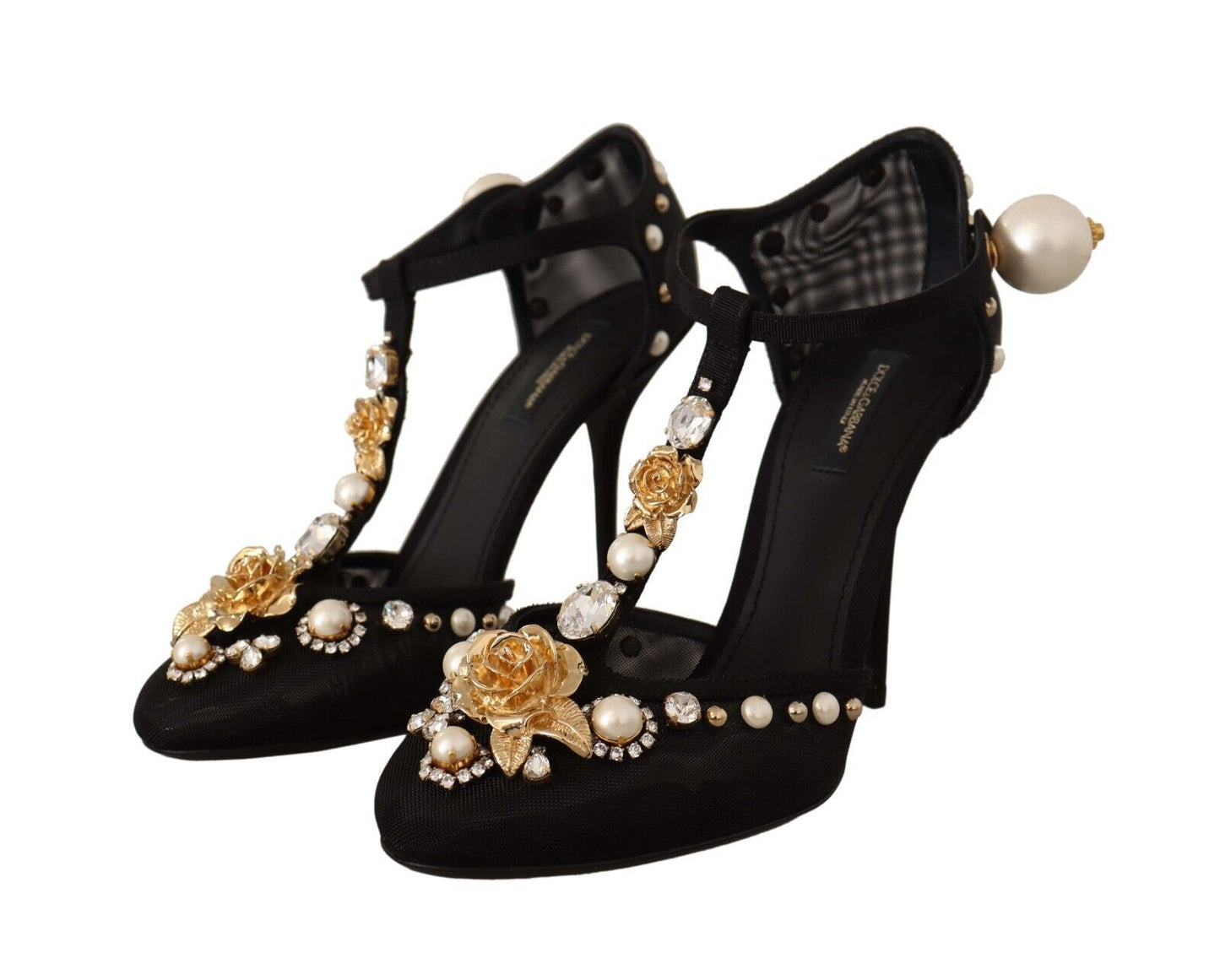 Dolce &amp; Gabbana Noir Fausse Perle Cristal Vally Talons Sandales Chaussures