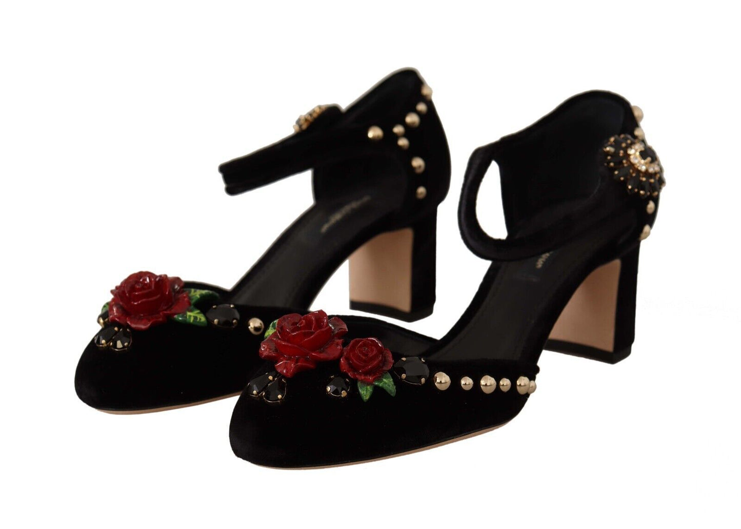 Dolce &amp; Gabbana – Schwarze, verzierte Sandalen mit Knöchelriemen und Absatz