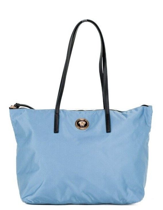 Versace Portuna Medusa Sac fourre-tout en cuir bleu bleuet moyen