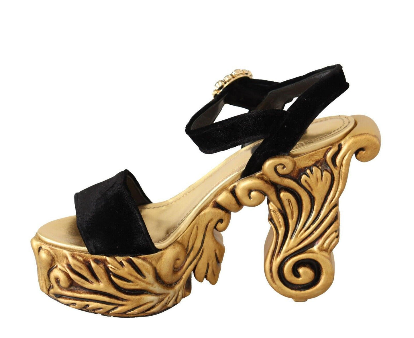 Dolce &amp; Gabbana Chaussures en cristal à talons en velours baroques noir et or