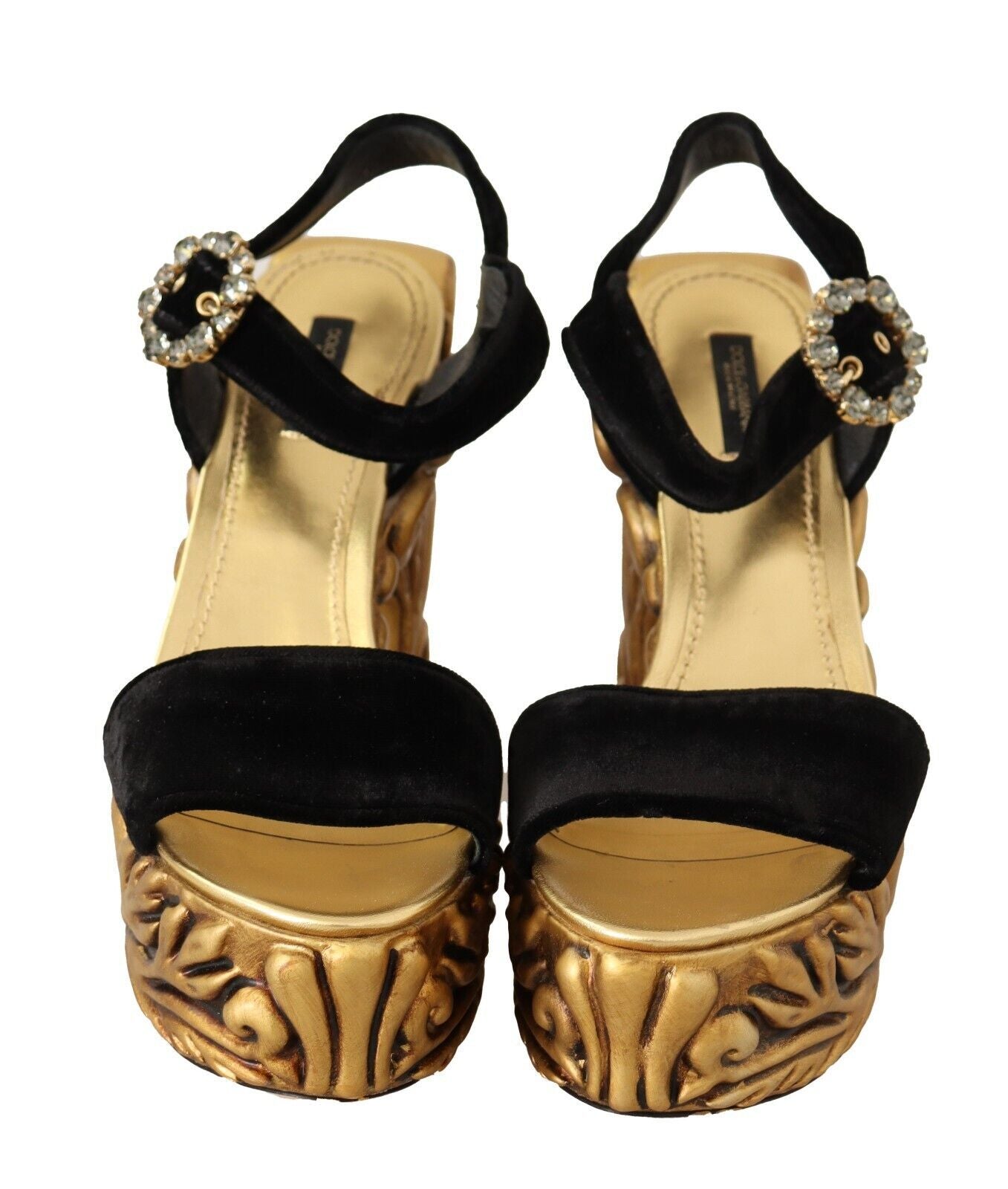 Dolce &amp; Gabbana Schwarzgoldene barocke Samt-Absatz-Kristallschuhe