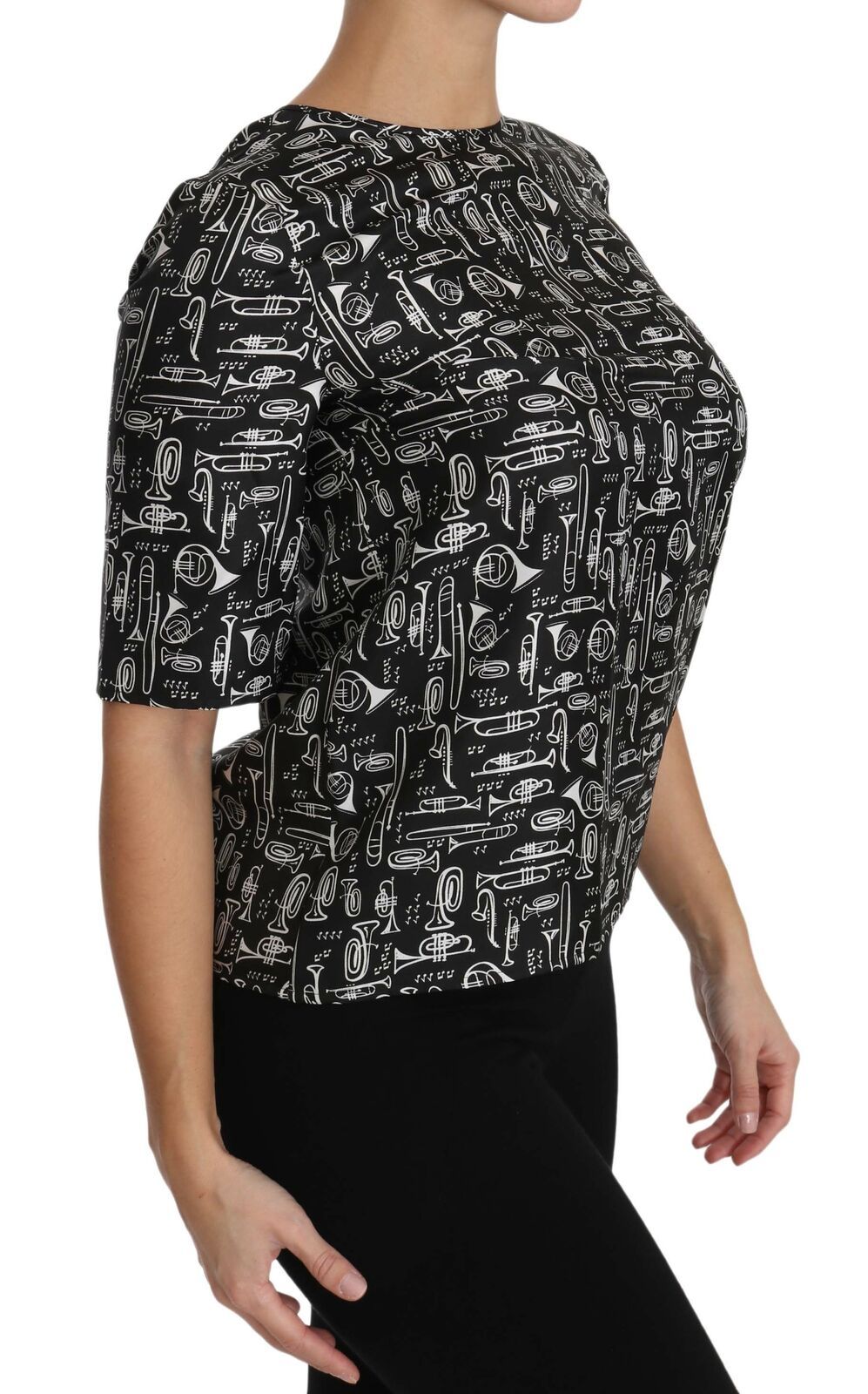 Schwarze Seidenbluse mit Musikinstrumenten-Print von Dolce &amp; Gabbana