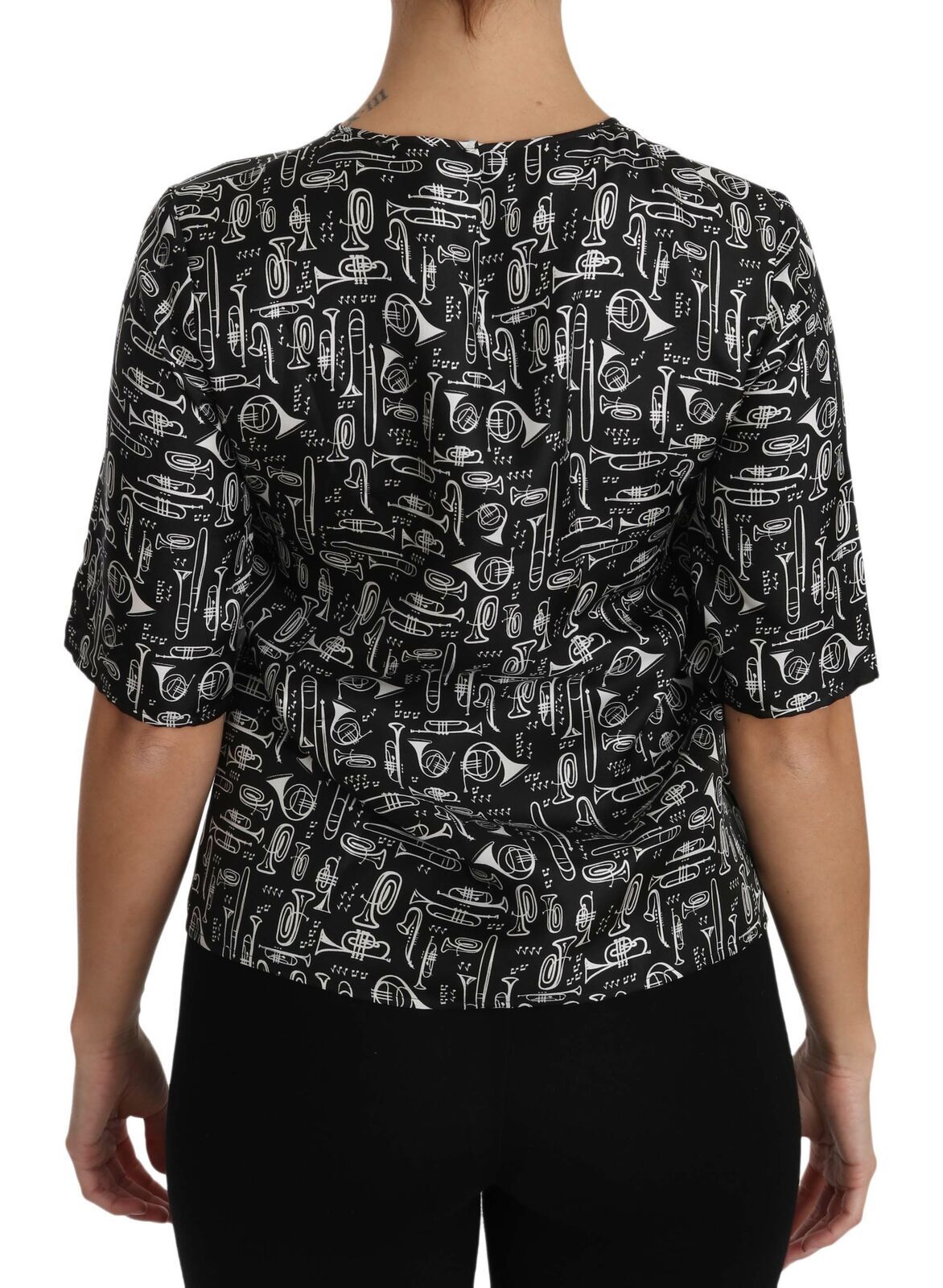 Schwarze Seidenbluse mit Musikinstrumenten-Print von Dolce &amp; Gabbana