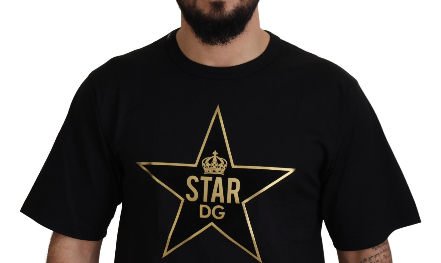 Dolce &amp; Gabbana T-shirt à col rond en coton DG Star Crown Black Gold