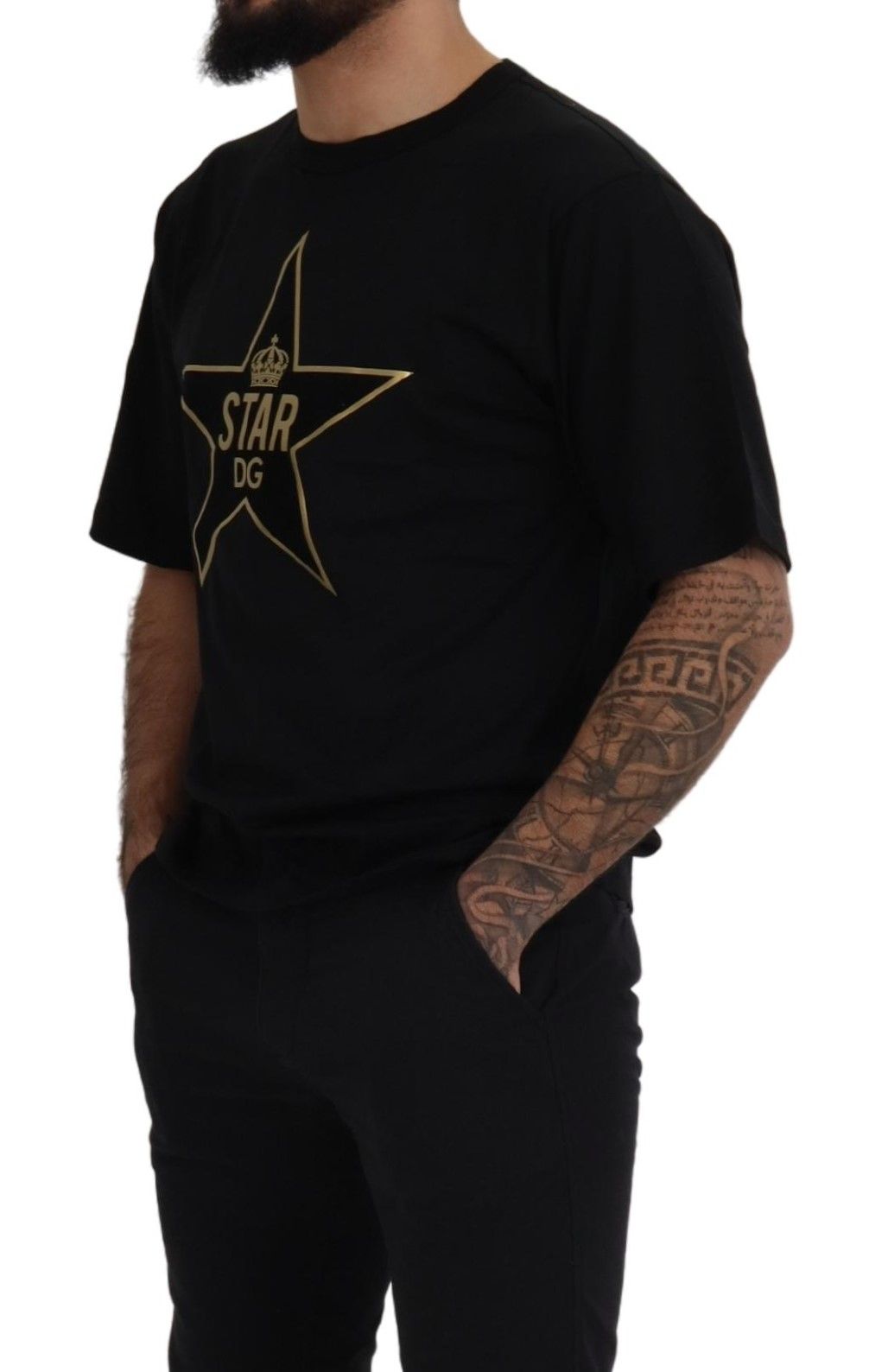 Dolce &amp; Gabbana T-shirt à col rond en coton DG Star Crown Black Gold