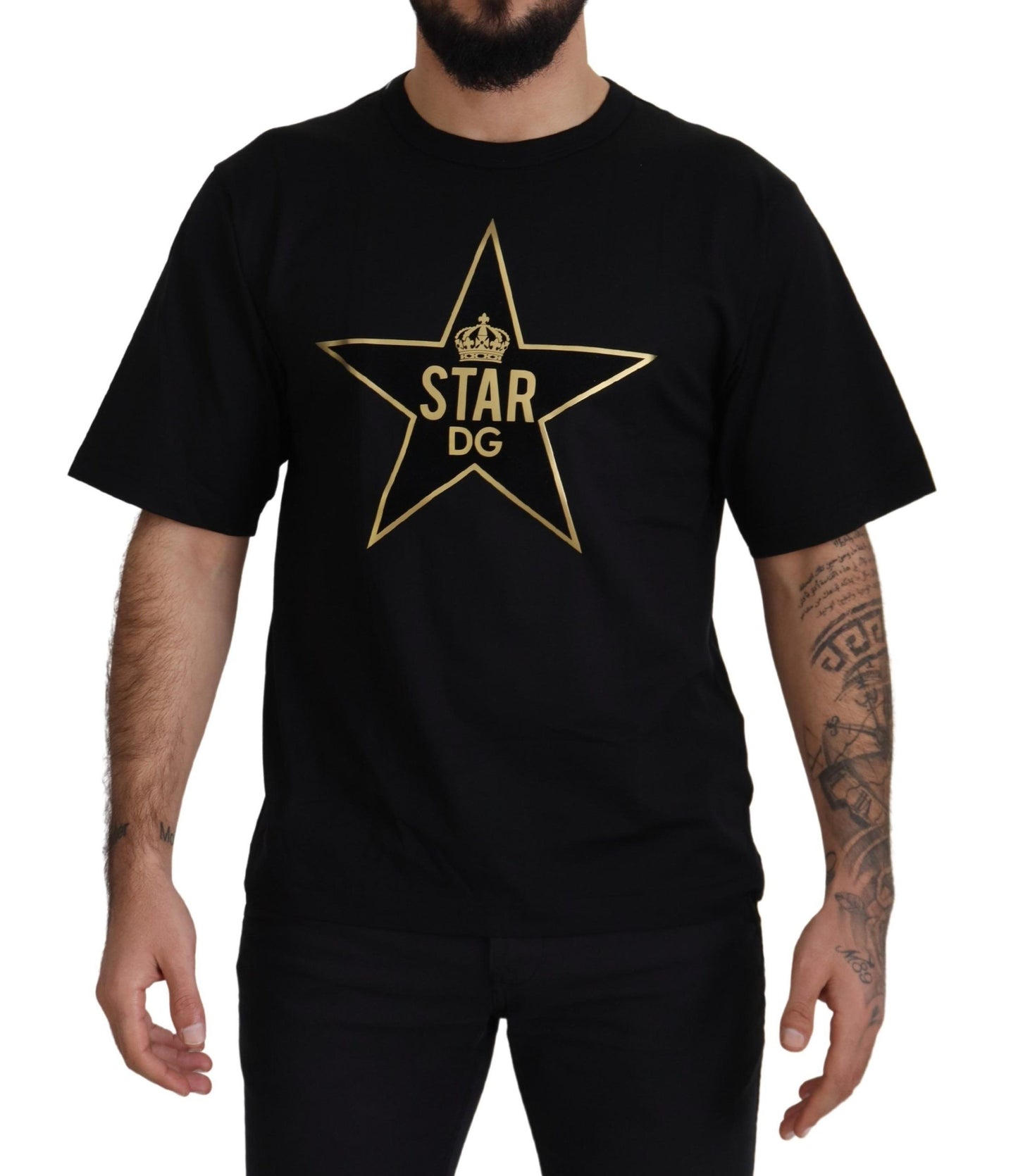 Dolce &amp; Gabbana T-shirt à col rond en coton DG Star Crown Black Gold