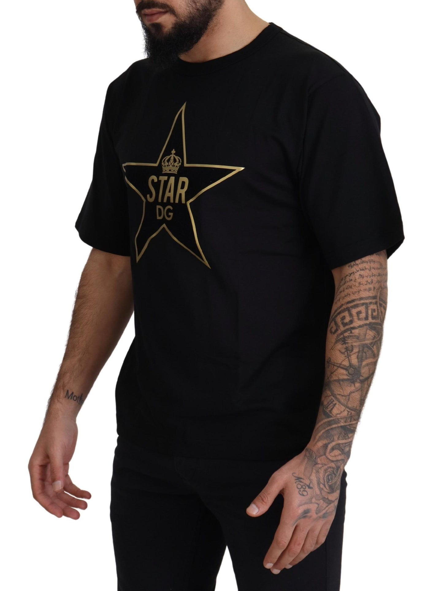 Dolce &amp; Gabbana T-shirt à col rond en coton DG Star Crown Black Gold