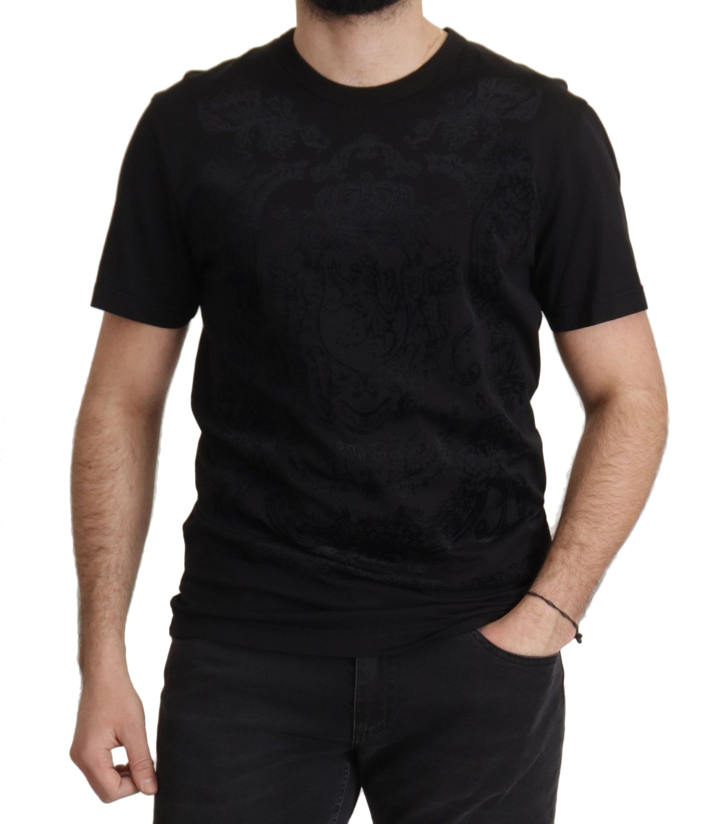 Dolce &amp; Gabbana – Schwarzes DG-Barock-Baumwoll-T-Shirt mit Rundhalsausschnitt