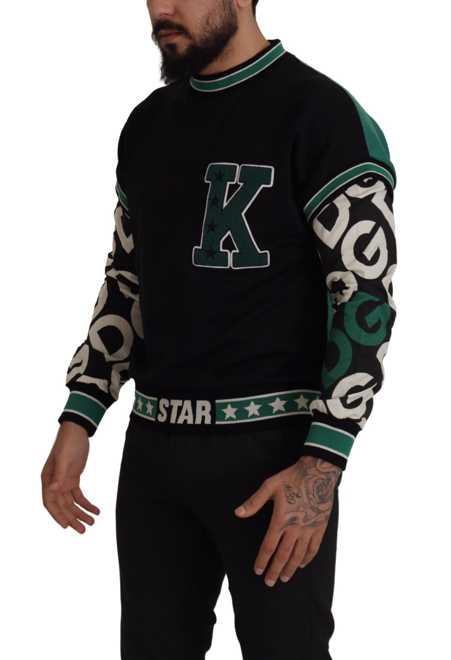 Dolce &amp; Gabbana Pull à col rond en coton vert noir KING Star