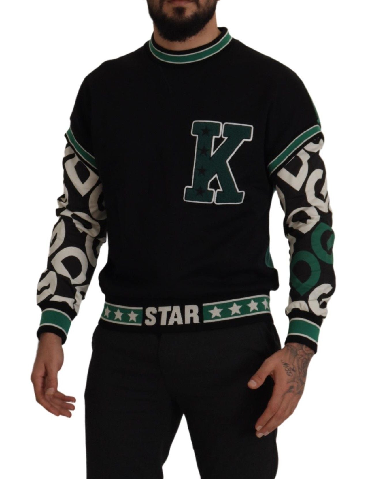 Dolce &amp; Gabbana Pull à col rond en coton vert noir KING Star