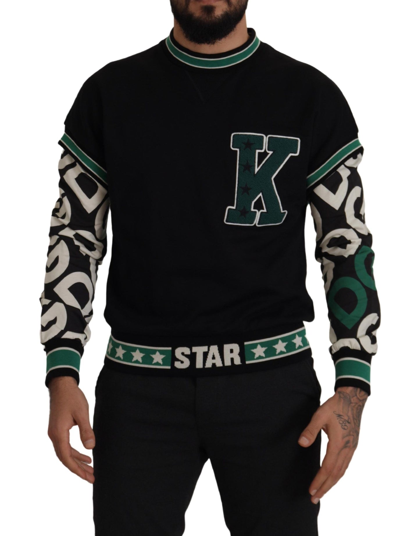 Dolce &amp; Gabbana Pull à col rond en coton vert noir KING Star