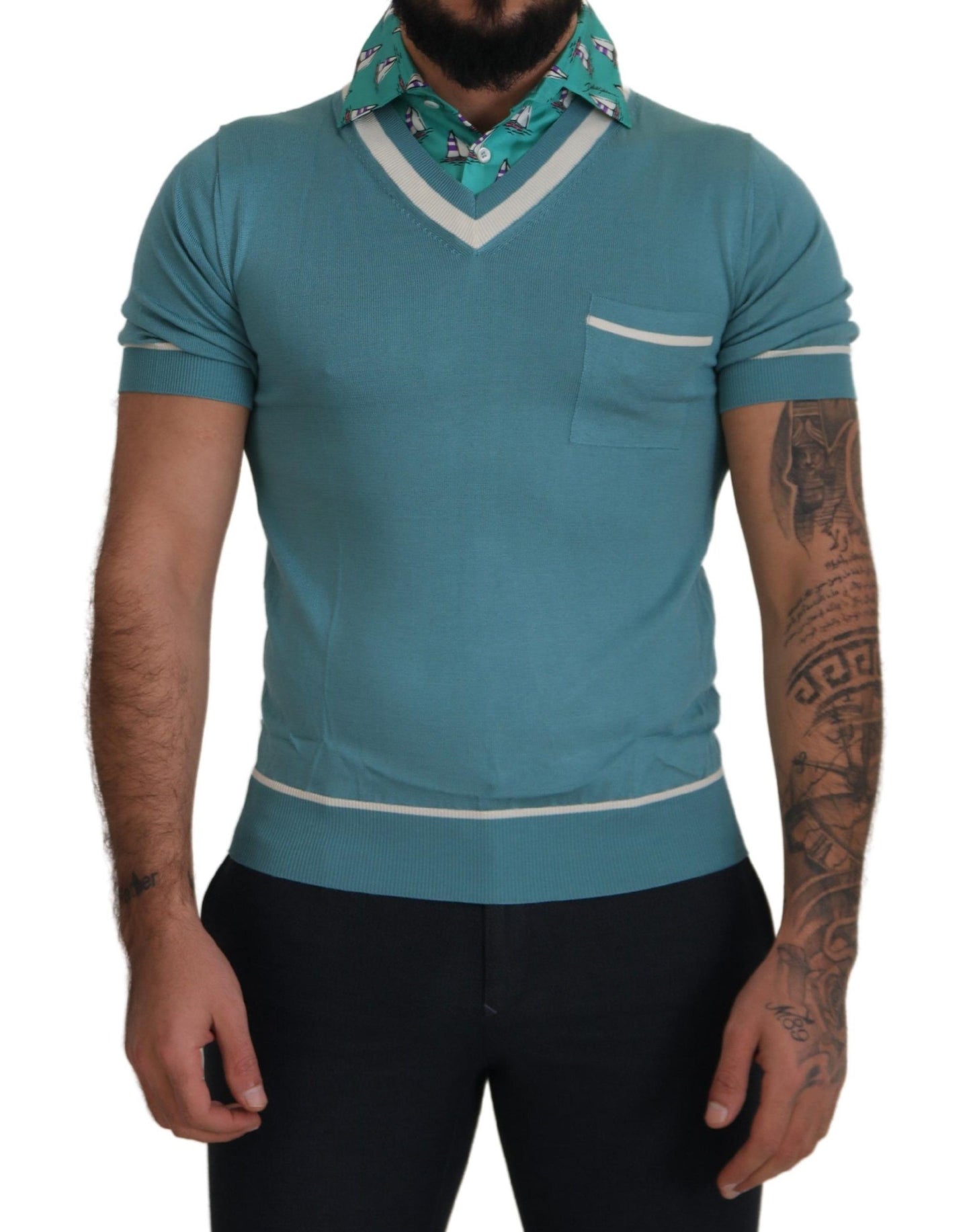 Dolce &amp; Gabbana Polo en soie bleue T-shirt à col en V pour homme