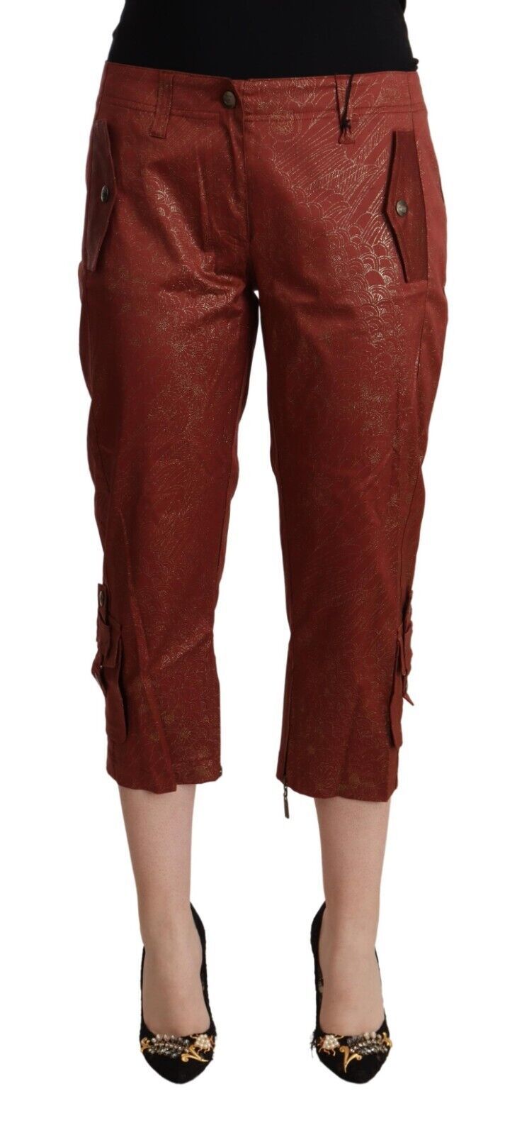 Just Cavalli Pantalon capri court taille moyenne en coton lurex marron