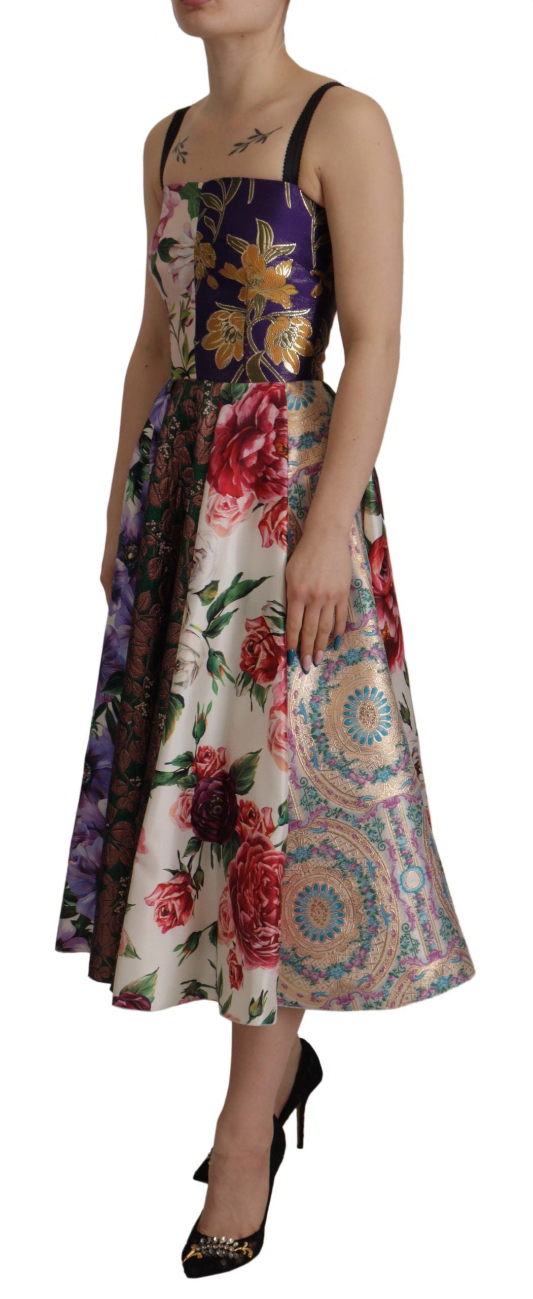 Dolce &amp; Gabbana Robe Midi Patchwork Floral Jaquard Soie