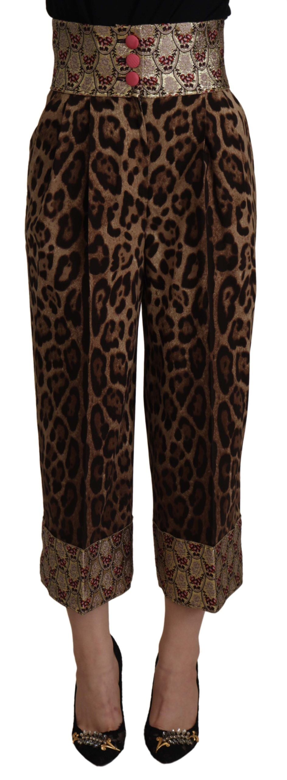 Dolce &amp; Gabbana Pantalon taille haute en jacquard doré léopard marron