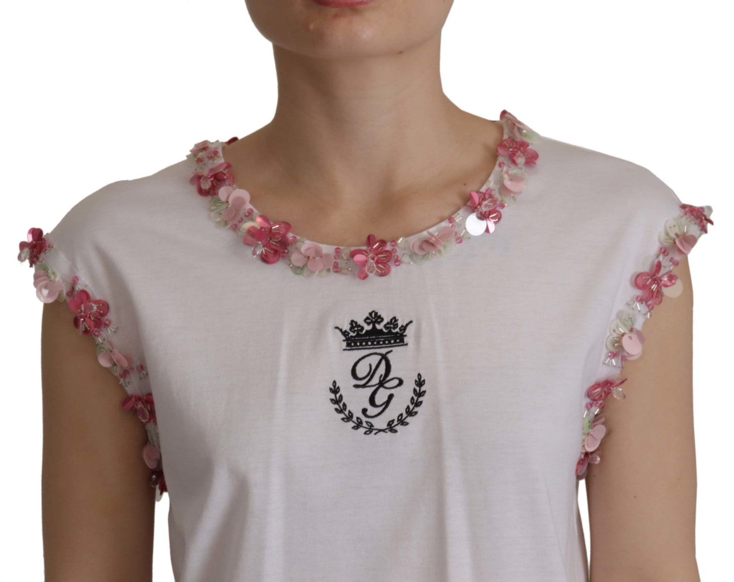 Dolce &amp; Gabbana Weißes DG Crown Floral Pailletten-T-Shirt