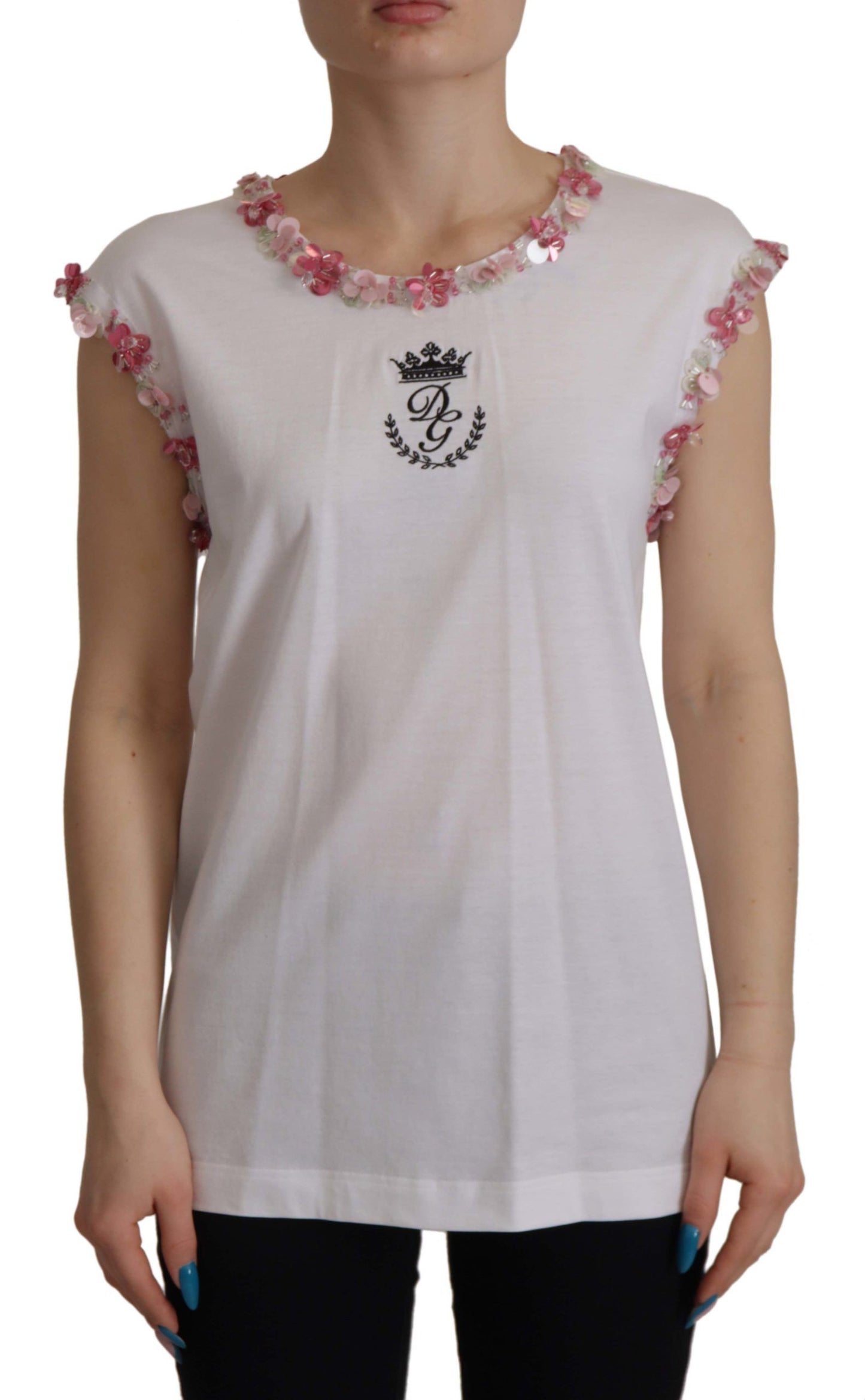 Dolce &amp; Gabbana T-shirt blanc à sequins floraux DG Crown