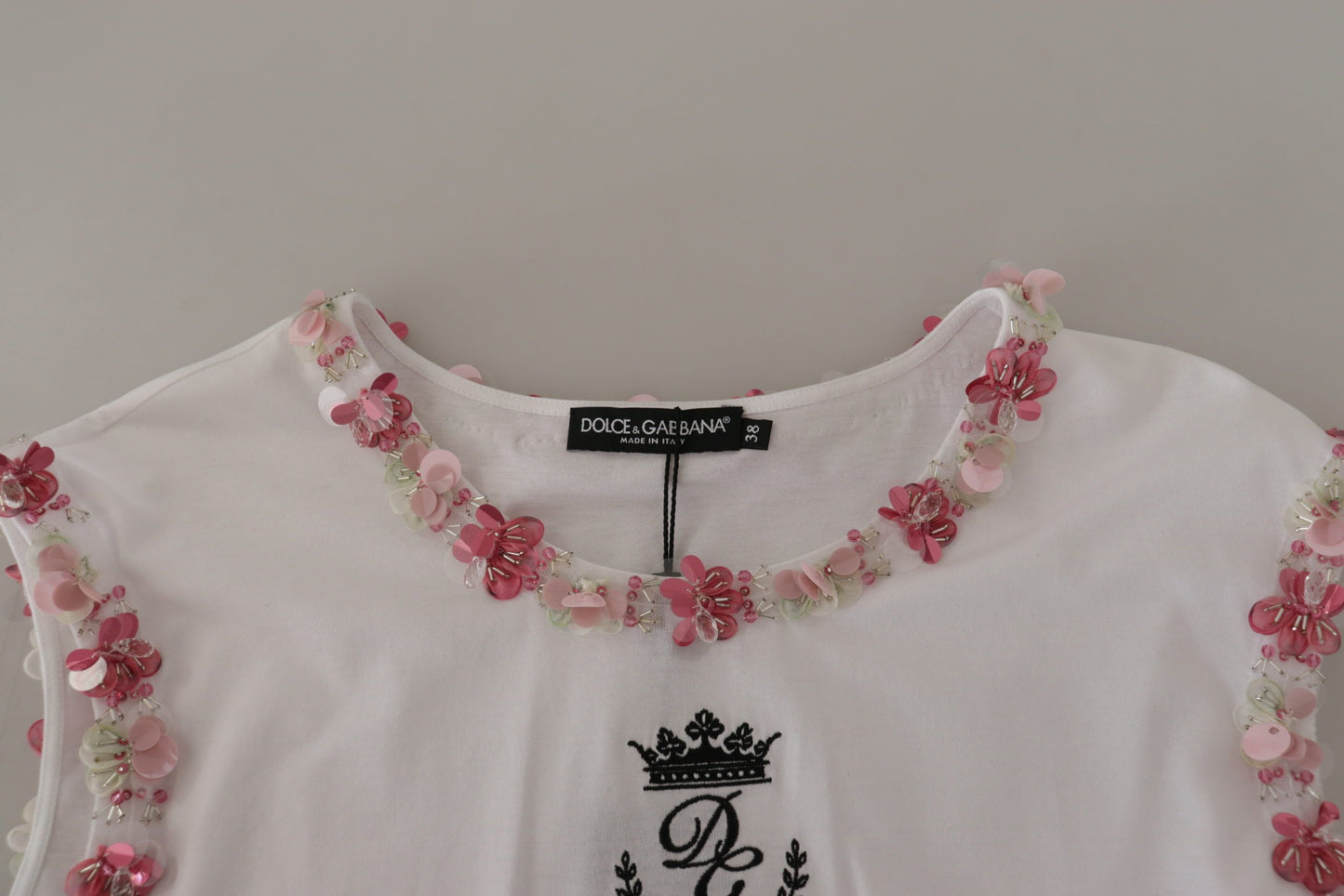 Dolce &amp; Gabbana T-shirt blanc à sequins floraux DG Crown