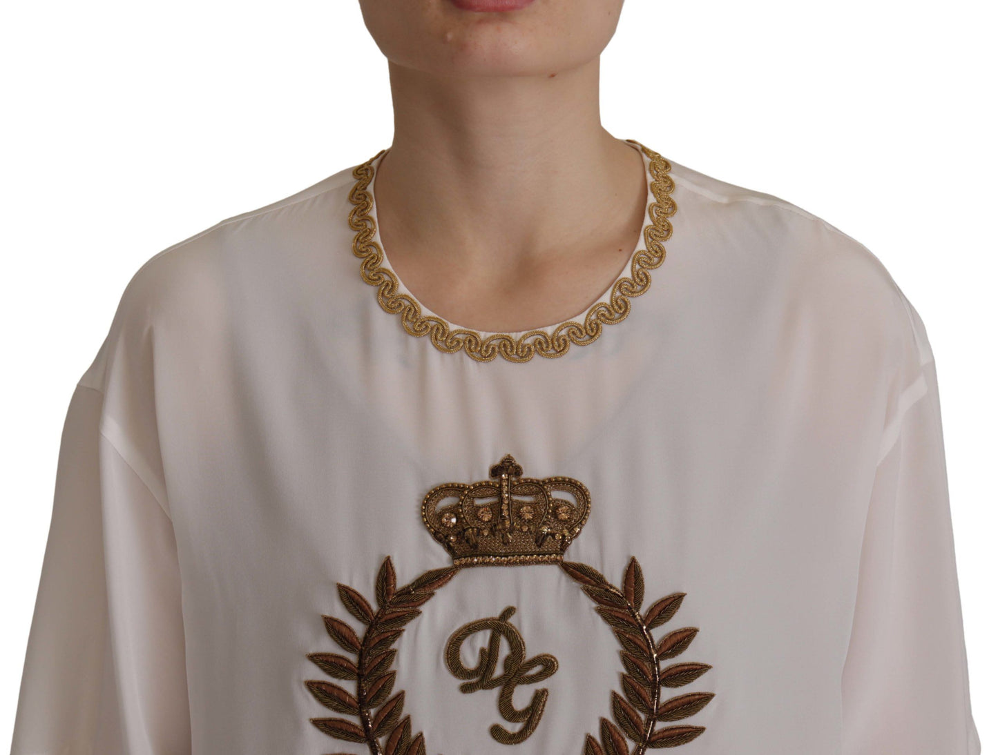 Dolce &amp; Gabbana Weißes Seiden-Gold-DG-Crown-Kristall-Blusenoberteil