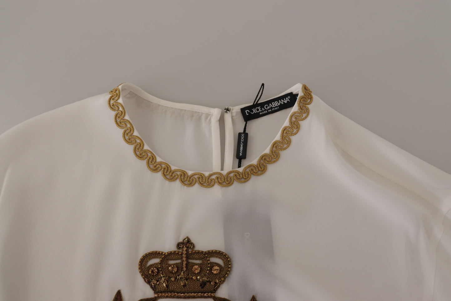 Dolce &amp; Gabbana Weißes Seiden-Gold-DG-Crown-Kristall-Blusenoberteil