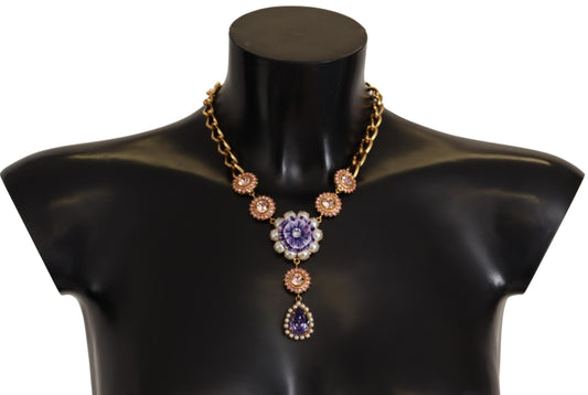 Dolce &amp; Gabbana Collier à pendentifs en laiton doré et cristal violet rose avec perles